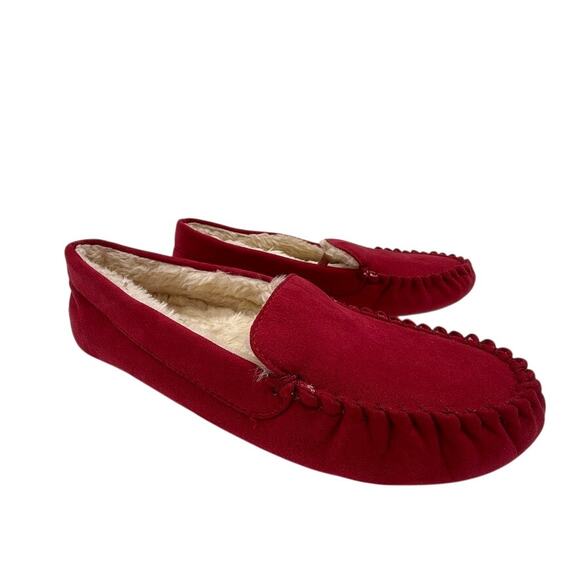 Floöpi Women Red Faux Suede Moccasin Slippers Sherpa Lined Memory Foam Sz 9 - Picture 3 of 9